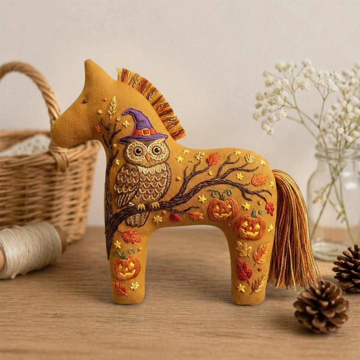 Rubbyoo Dala Horse Embroidery Kit - Halloween Witch Owl & Jack-o'-lantern | Vintage Room Decor | Multi-occasion Gift For Birthday & Holiday - image 3