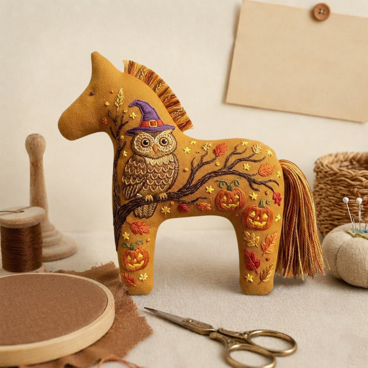 Rubbyoo Dala Horse Embroidery Kit - Halloween Witch Owl & Jack-o'-lantern | Vintage Room Decor | Multi-occasion Gift For Birthday & Holiday - image 4