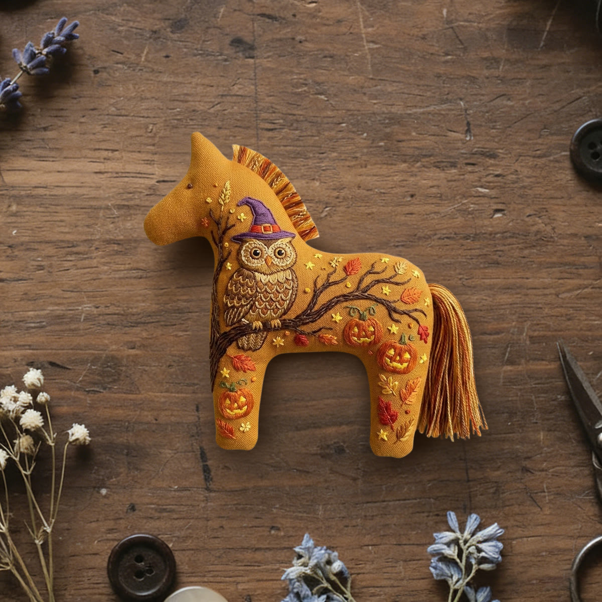 Rubbyoo Dala Horse Embroidery Kit - Halloween Witch Owl & Jack-o'-lantern | Vintage Room Decor | Multi-occasion Gift For Birthday & Holiday - 6 inches hoop kit - image 1
