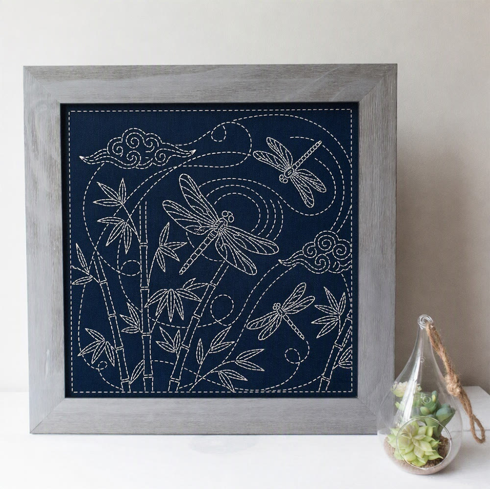 Rubbyoo Sashiko Embroidery Kit - Dragonfly With Bamboo | Unique Embroidery Design | Nice For Stitch Beginner  - Embroidery Kit Plus An Extra Frame - image 3