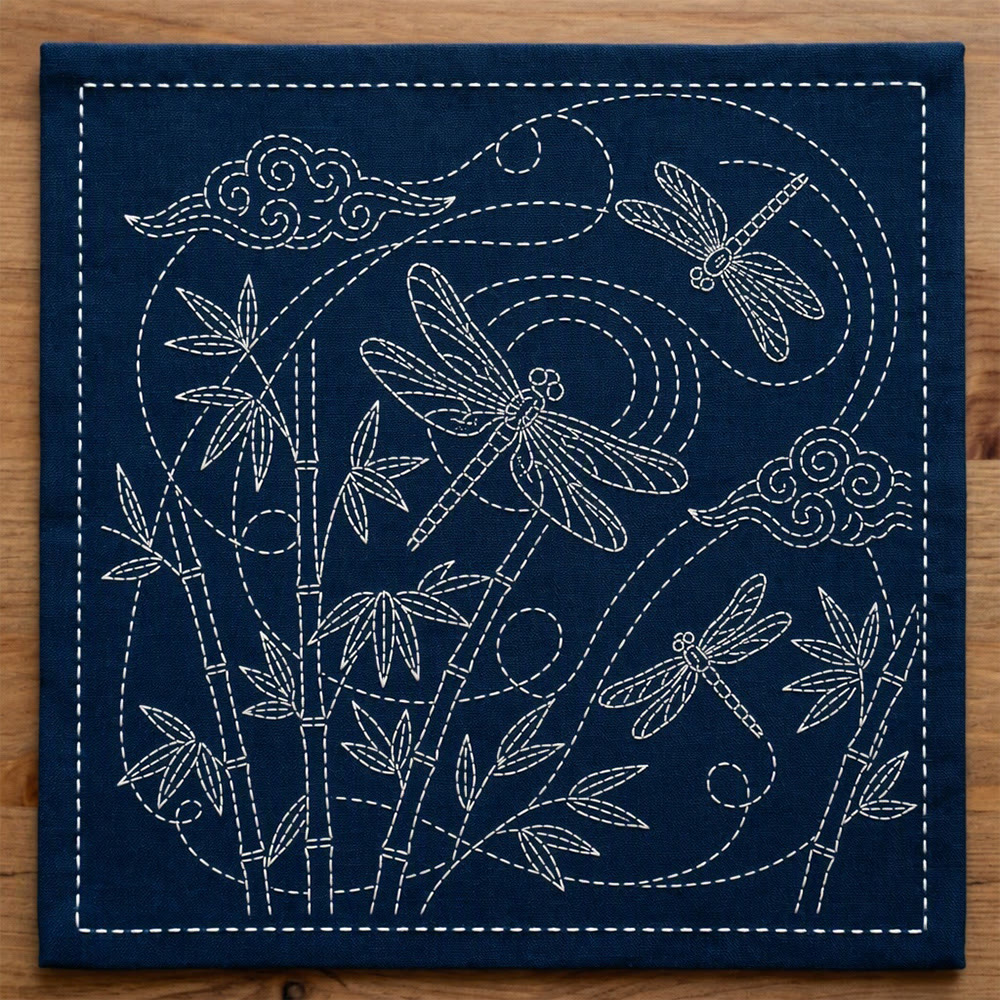 Rubbyoo Sashiko Embroidery Kit - Dragonfly With Bamboo | Unique Embroidery Design | Nice For Stitch Beginner  - 20*20cm - image 1