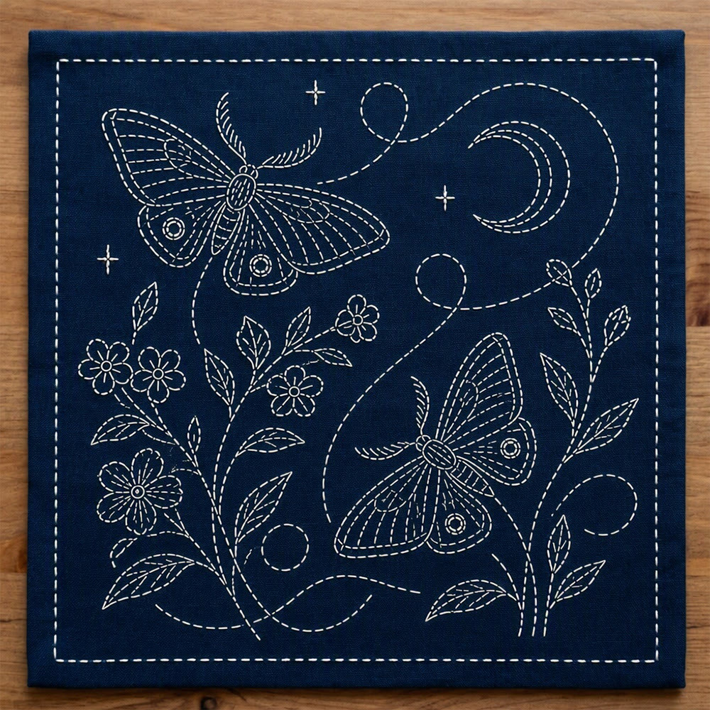 Rubbyoo Sashiko Embroidery Kit - Moth At Night | Diy Insect Handicraft | Creative Hoop Art  - 20*20cm - image 1