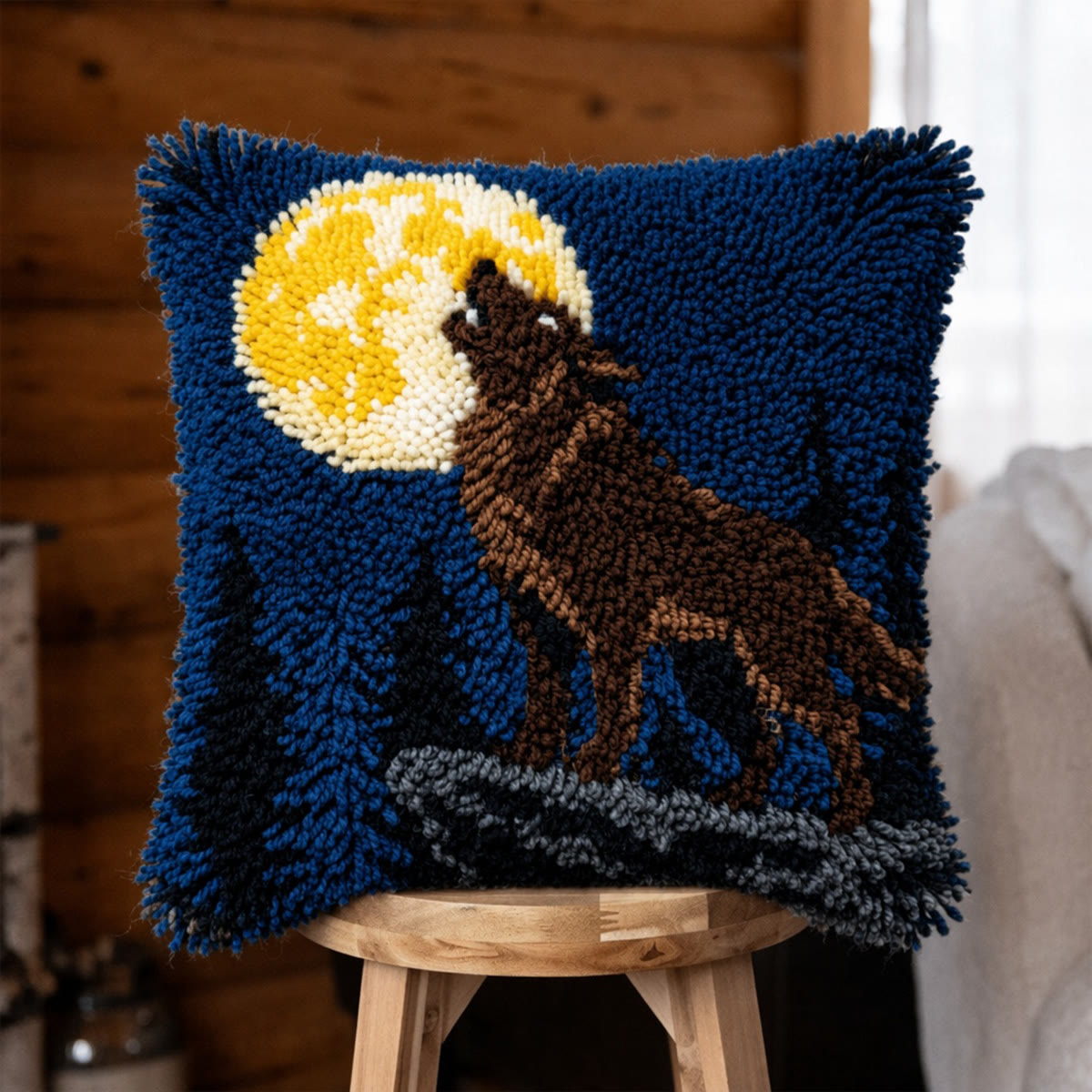 Rubbyoo Latch Hook Pillow Kit - Howling Wolf | Handmade Pillow Cover | Home Sofa Decoration  - 43*43cm - image 1
