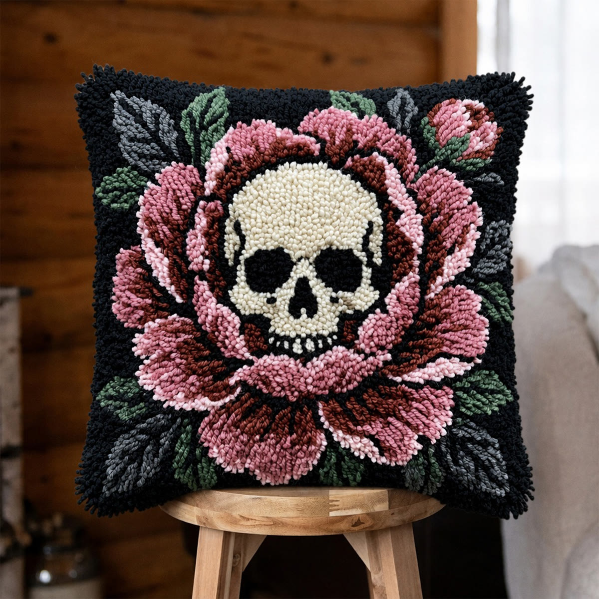 Rubbyoo Latch Hook Pillow Kit - Sugar Skull | Day Of The Dead Festival Craft | Gothic Spooky Decor  - 43*43cm - image 1