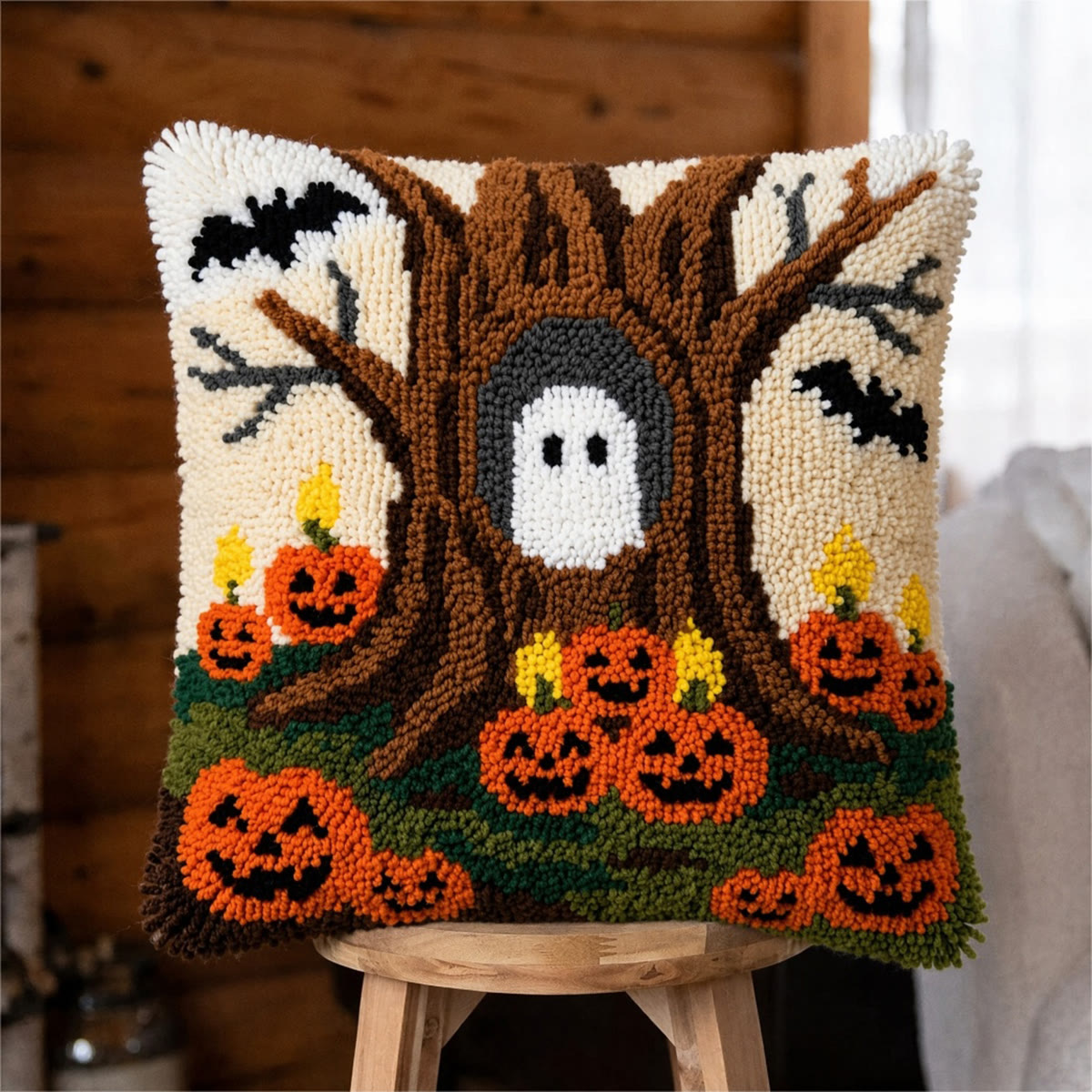Rubbyoo Latch Hook Pillow Kit - Halloween Hide And Seek | Festivaldecorative Throw | Diy Latch Hook Collection - 43*43cm - image 1
