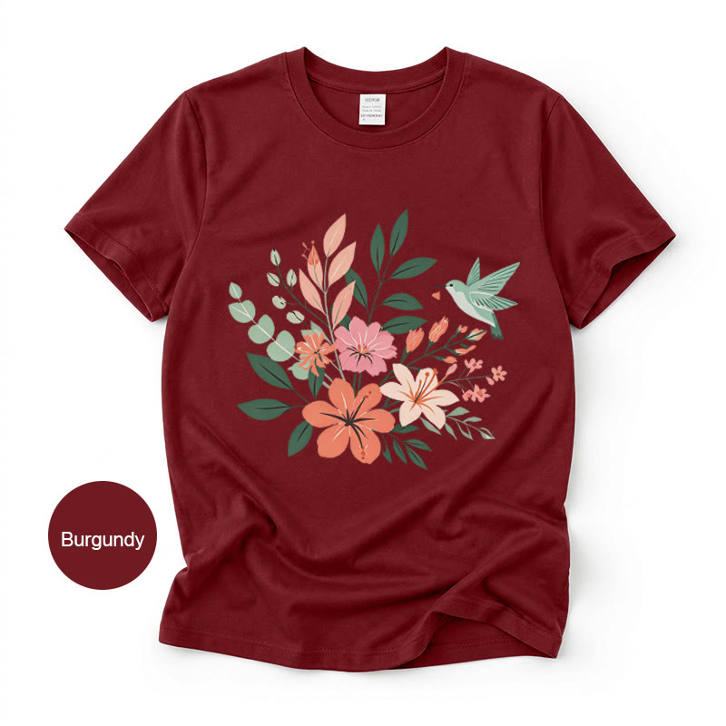 Rubbyoo Wonderful Garden  Graphic Tee  - Artistic  Hummingbird & Flower Pattern  | Summer Lightweight Casual Wear - image 1