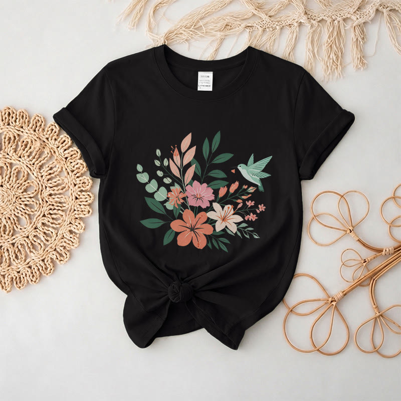 Rubbyoo Wonderful Garden  Graphic Tee  - Artistic  Hummingbird & Flower Pattern  | Summer Lightweight Casual Wear - Black - 2XL - image 4