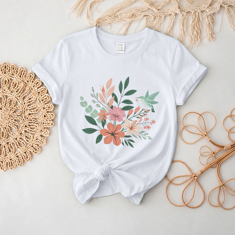 Rubbyoo Wonderful Garden  Graphic Tee  - Artistic  Hummingbird & Flower Pattern  | Summer Lightweight Casual Wear - White - 2XL - image 5