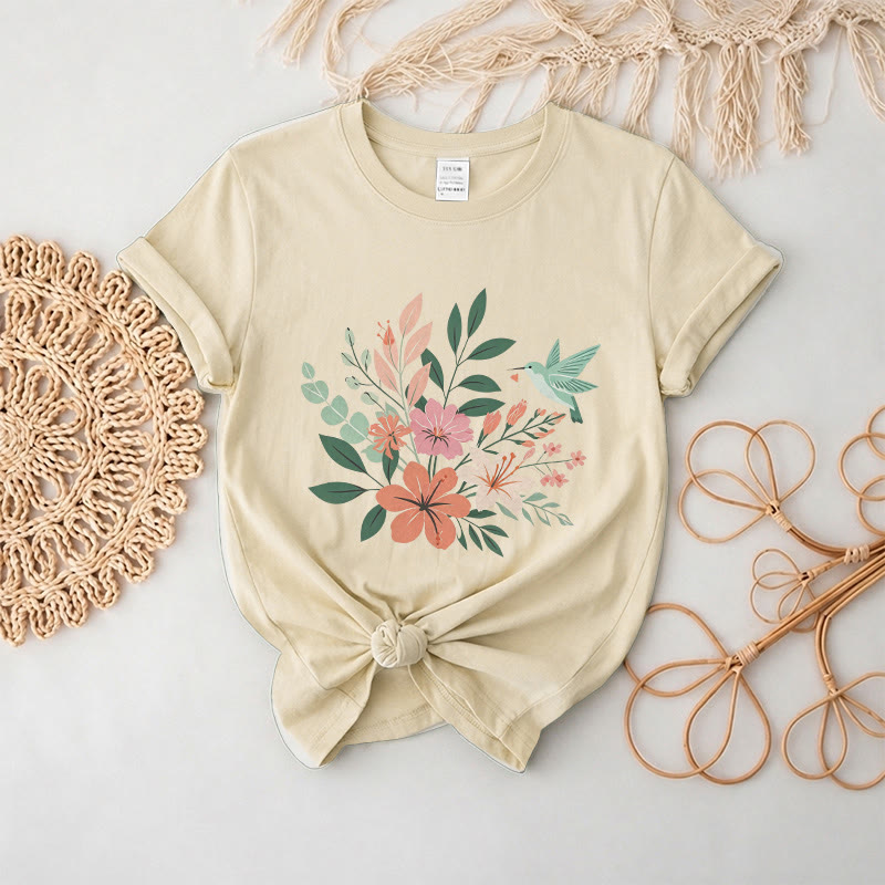 Rubbyoo Wonderful Garden  Graphic Tee  - Artistic  Hummingbird & Flower Pattern  | Summer Lightweight Casual Wear - Beige - 2XL - image 7