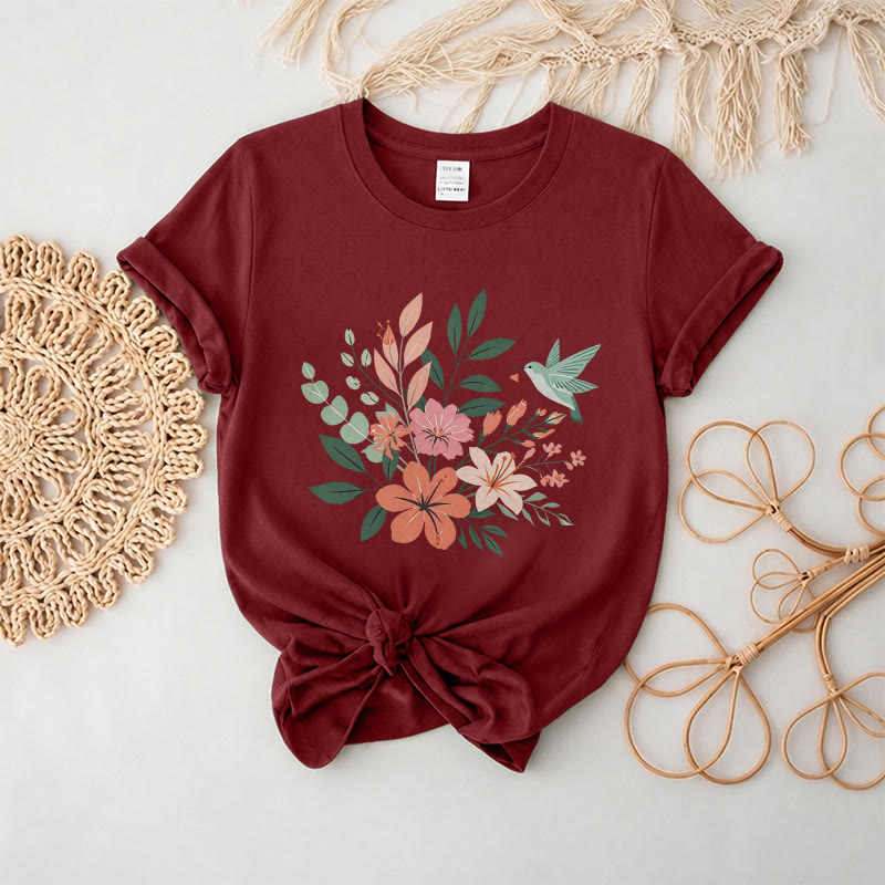 Rubbyoo Wonderful Garden  Graphic Tee  - Artistic  Hummingbird & Flower Pattern  | Summer Lightweight Casual Wear - Burgundy - 2XL - image 3