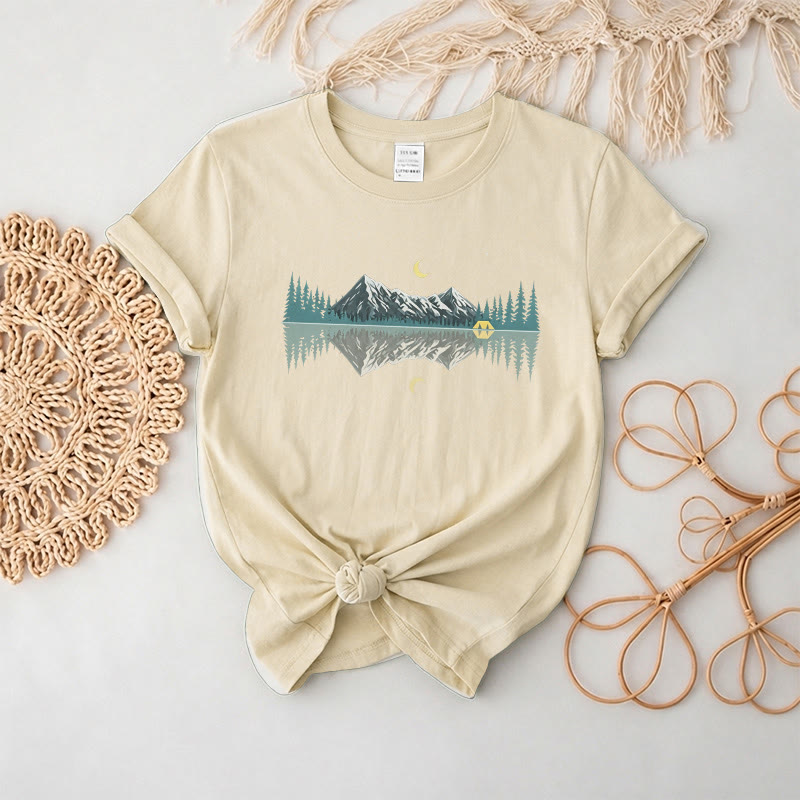 Rubbyoo Mountain & Moon Graphic Tee  - Unique Nature-inspired Gift For Friend | Soft Oversize Shirt For Hiking - Beige - 2XL - image 4