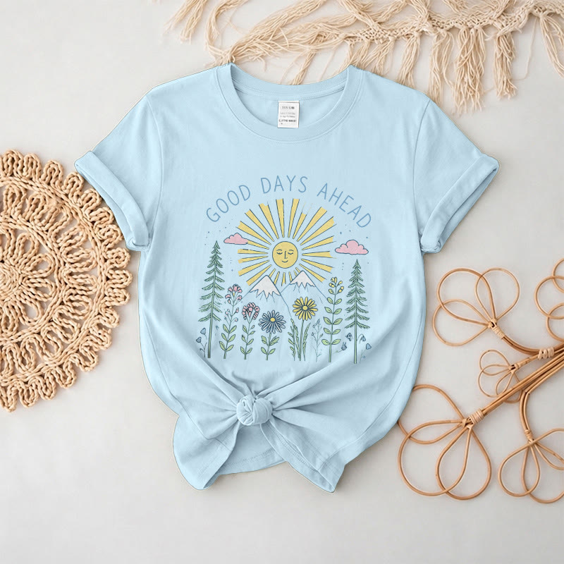 Rubbyoo “Good Days Ahead" Graphic Tee  - Suitable For Matching With Jeans | Trendy Celestial Crewneck Top - Sky Blue - 2XL - image 9