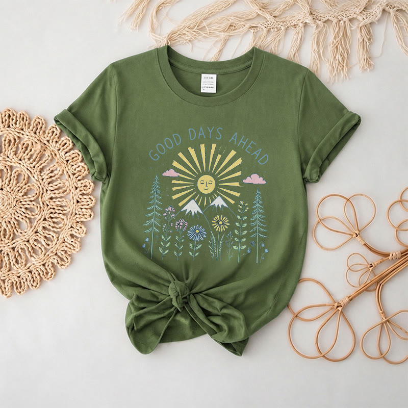Rubbyoo “Good Days Ahead" Graphic Tee  - Suitable For Matching With Jeans | Trendy Celestial Crewneck Top - Army Green - 2XL - image 5