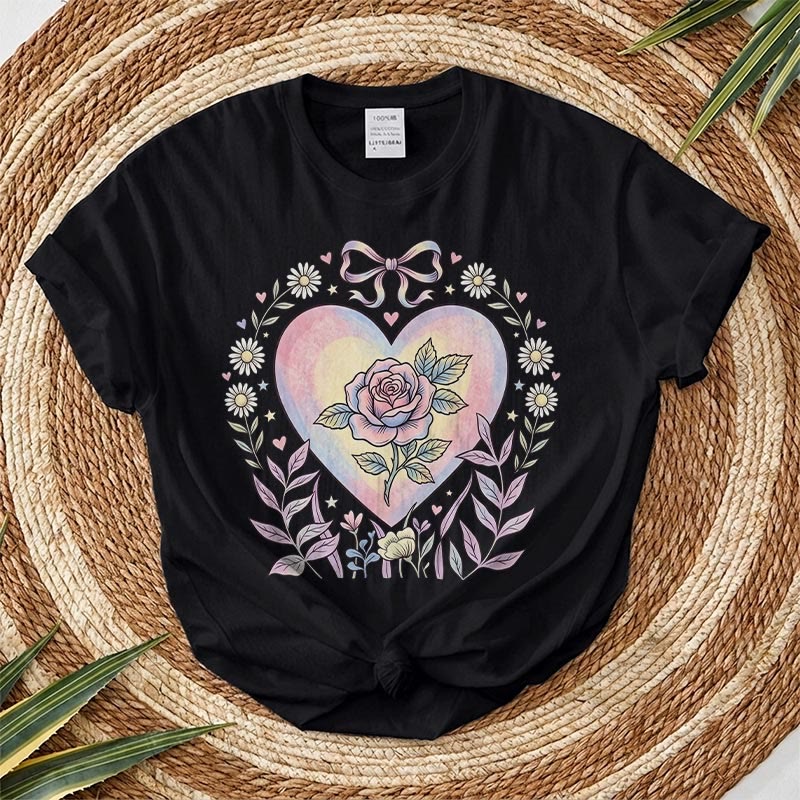 Rubbyoo Heart Of Rose Graphic Tee  - Soft Baggy  Shirt For Women  | Exquisite Pink Floral Print - Black - 2XL - image 4