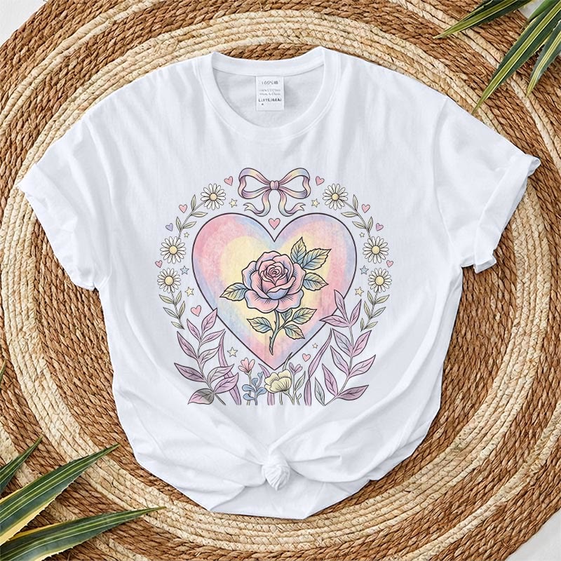 Rubbyoo Heart Of Rose Graphic Tee  - Soft Baggy  Shirt For Women  | Exquisite Pink Floral Print - White - 2XL - image 3