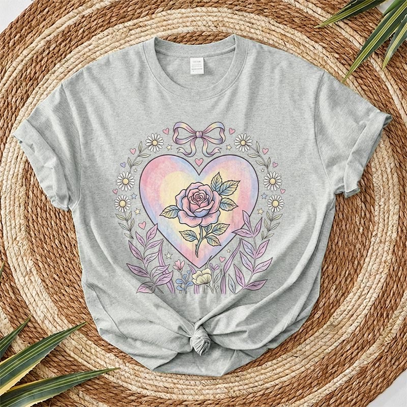 Rubbyoo Heart Of Rose Graphic Tee  - Soft Baggy  Shirt For Women  | Exquisite Pink Floral Print - Light Gray - 2XL - image 11