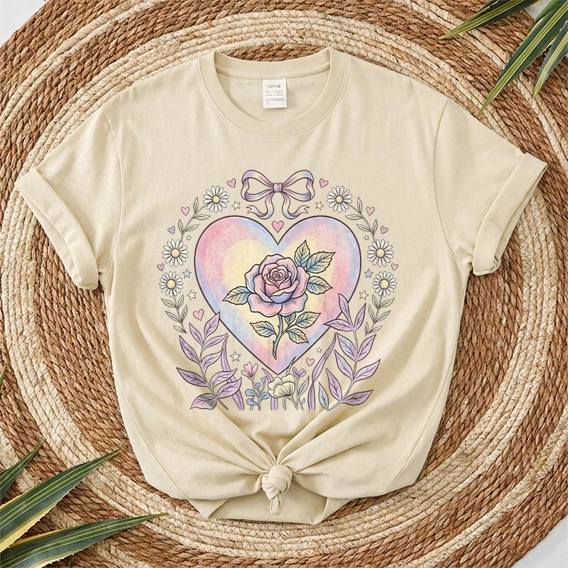 Rubbyoo Heart Of Rose Graphic Tee  - Soft Baggy  Shirt For Women  | Exquisite Pink Floral Print - Beige - 2XL - image 9