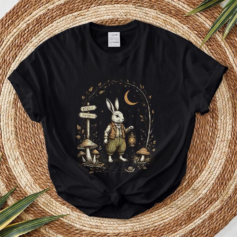 Rubbyoo Woodland Rabbit Graphic Tee  - Special Birthday Gift For Her | Fairy-tale Style Rabbit & Forest Graphic - Black - 2XL - image 4