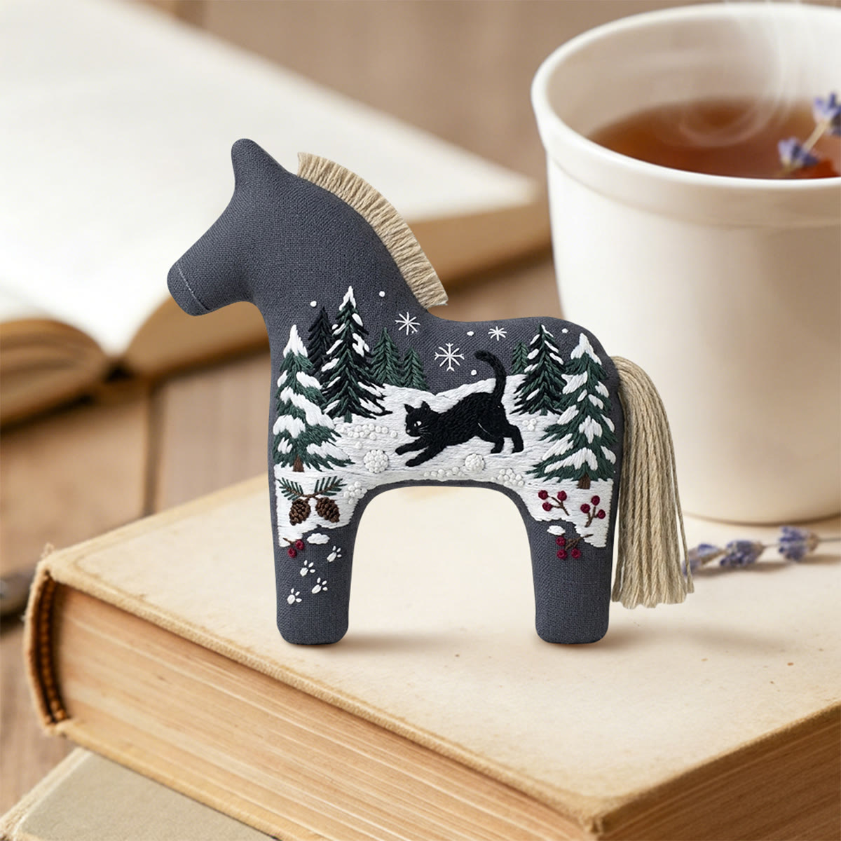 Rubbyoo Dala Horse Embroidery Kit - Black Cat In Snow | Winter Landscape Decoration | Christmas Snow Scene Needlework Gift - image 2