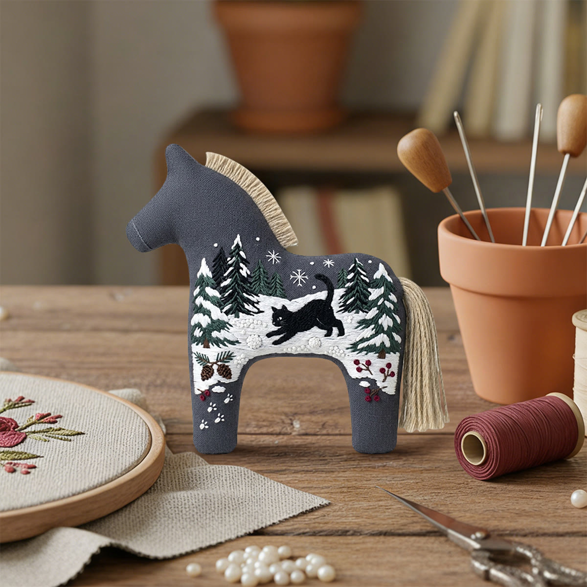 Rubbyoo Dala Horse Embroidery Kit - Black Cat In Snow | Winter Landscape Decoration | Christmas Snow Scene Needlework Gift - image 3