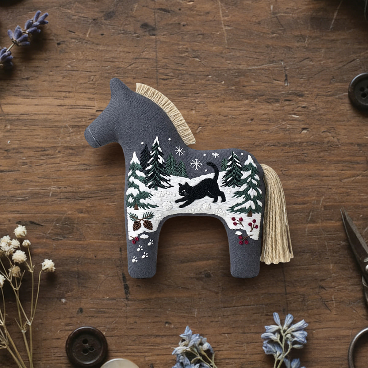 Rubbyoo Dala Horse Embroidery Kit - Black Cat In Snow | Winter Landscape Decoration | Christmas Snow Scene Needlework Gift - 6 inches hoop kit - image 1