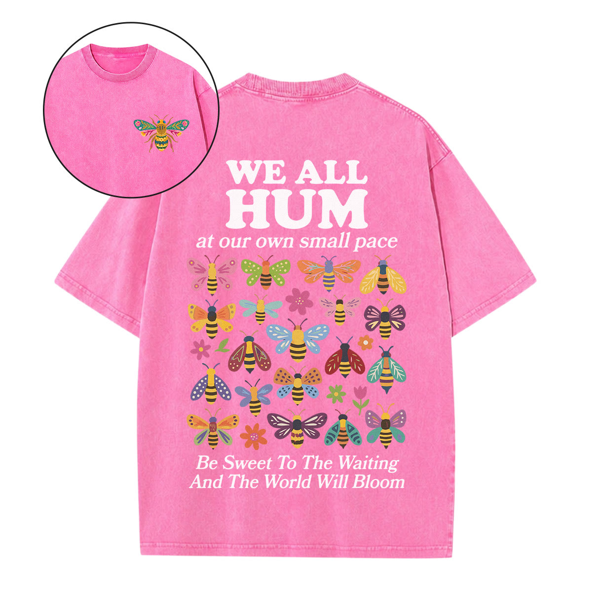 Rubbyoo We All Hum At Our Own Small Pace Double Sided Bees Pattern Unisex Washed T-shirt  - Pink - 5XL - image 1