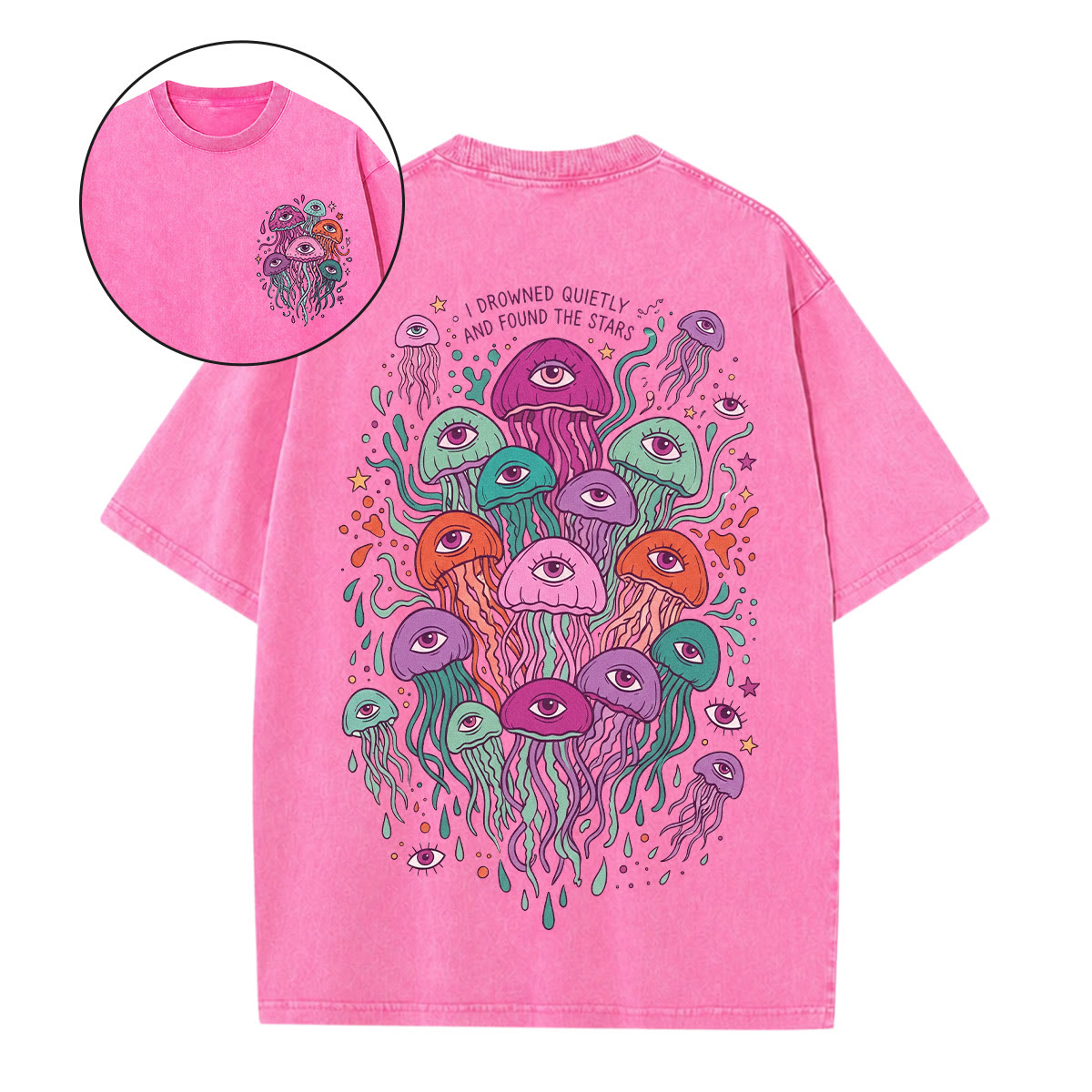 Rubbyoo Spooky Jellyfish Double Sided Unisex Washed T-shirt Jellyfish Lover Gift - Pink - 5XL - image 11