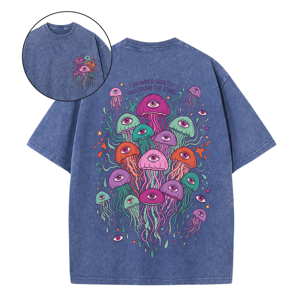 Rubbyoo Spooky Jellyfish Double Sided Unisex Washed T-shirt Jellyfish Lover Gift - Blue - 5XL - image 7
