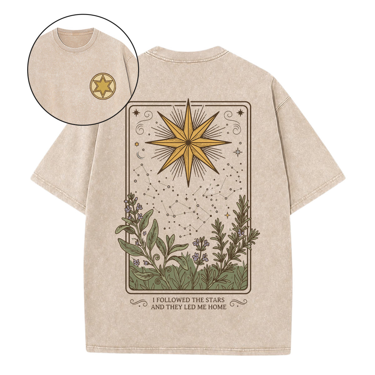 Rubbyoo  North Star Constellation Double Sided Unisex Washed T-shirt Botanical Tarot Motif - Apricot - 5XL - image 1