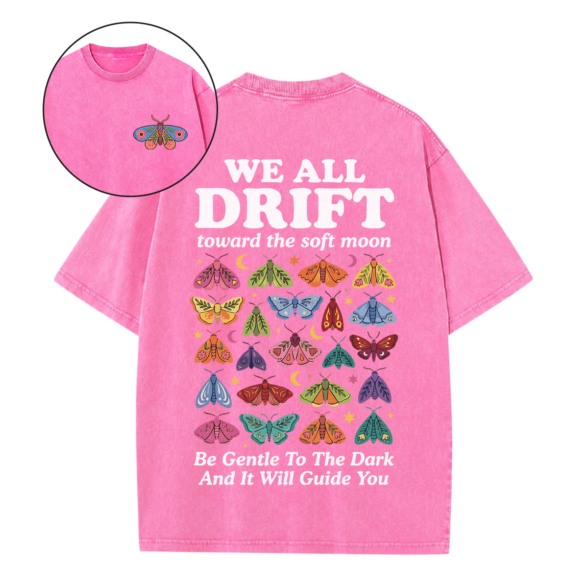 Rubbyoo We All Drift Double Sided Unisex Washed T-shirt  Colorful Moths Print - Pink - 5XL - image 1