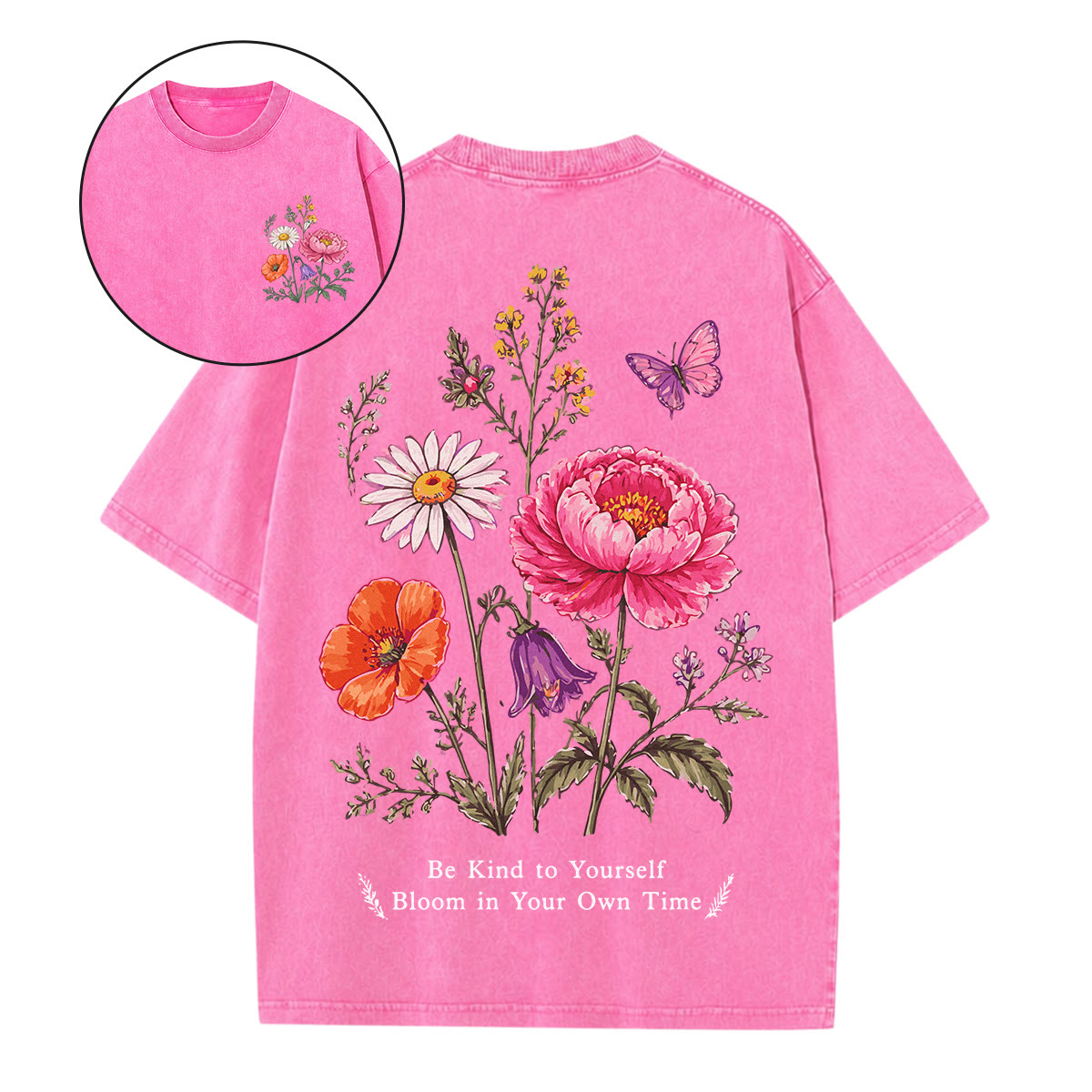 Rubbyoo Bloom In Your Own Time Double Sided Unisex Washed T-shirt Intricate Floral Outfit - Pink - 5XL - image 1