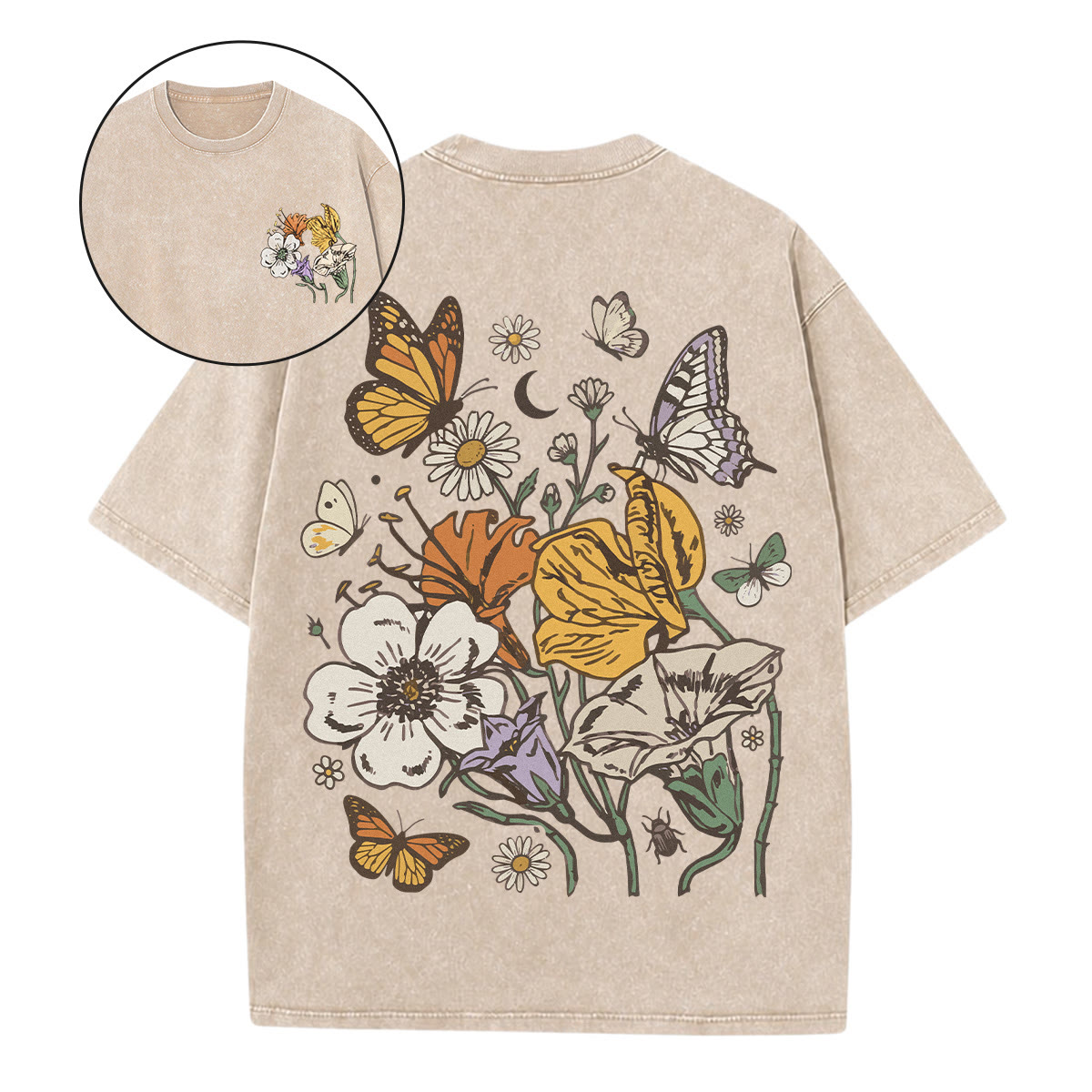 Rubbyoo Wonderful Garden  Double Sided Unisex Washed T-shirt  - Elegant Top Pair For Jeans - Apricot - 5XL - image 1