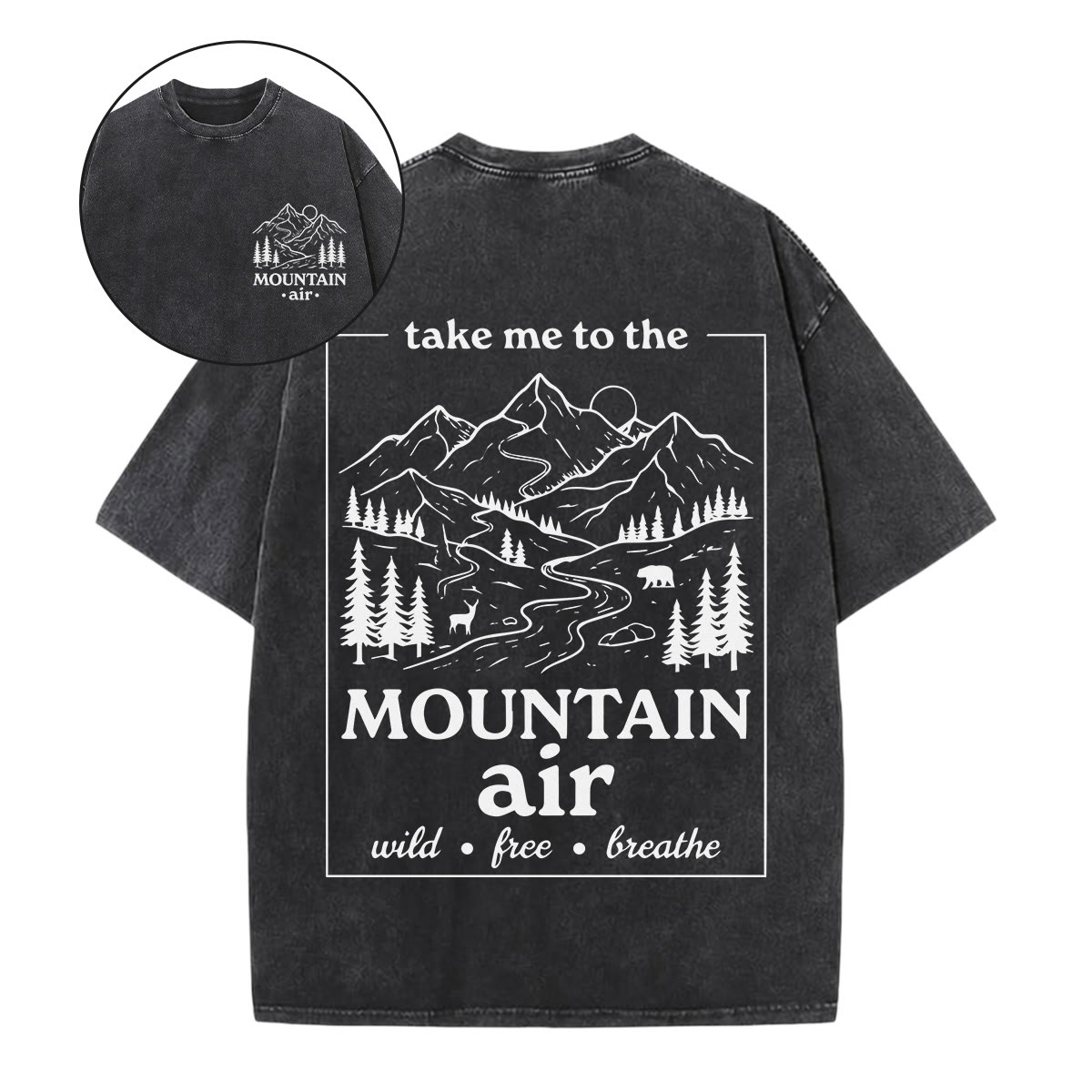 Rubbyoo Take Me To The Mountain Air  Double Sided Unisex Washed T-shirt Back-to-School Outfits - Black - 5XL - image 1