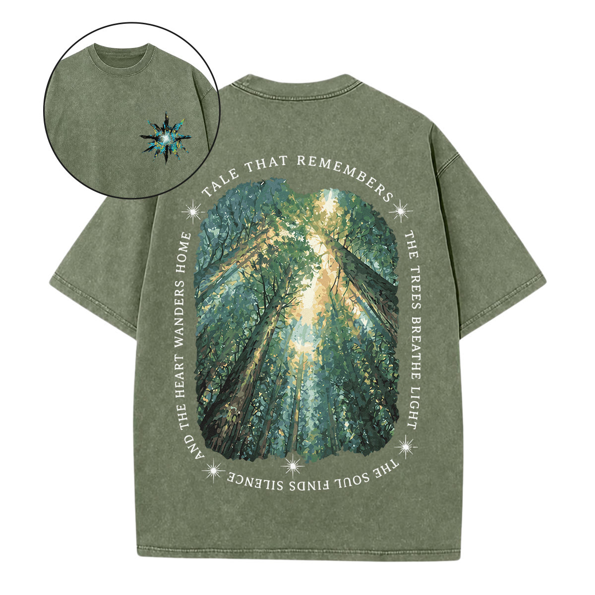 Rubbyoo Tale That Remembers Nature-inspired Double Sided Unisex Washed T-shirt  - Army Green - 5XL - image 1