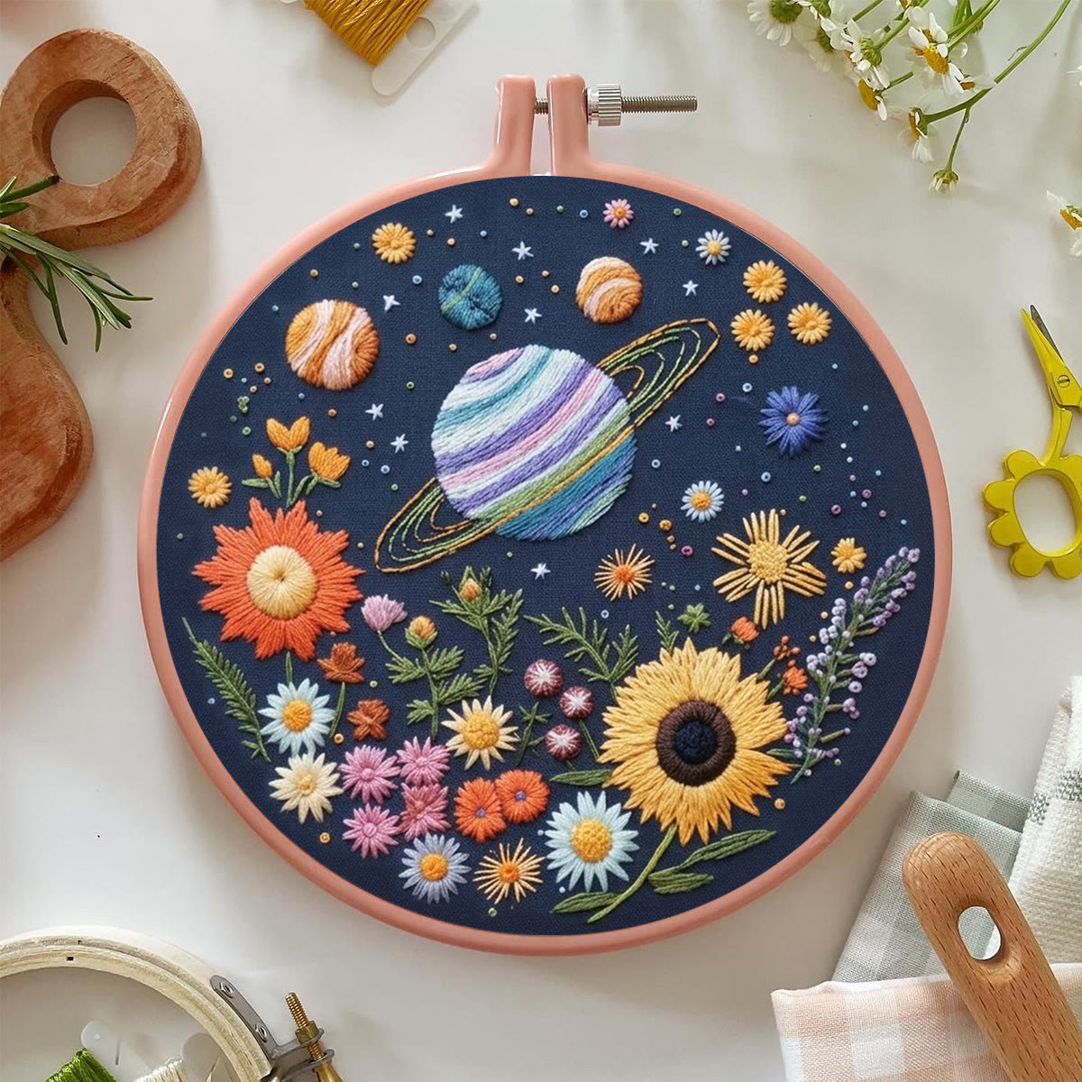 Rubbyoo Embroidery Kit - Floral Cosmic | Special DIY Birthday Gift | Intricate Planet & Flora Crewel Kit - image 2