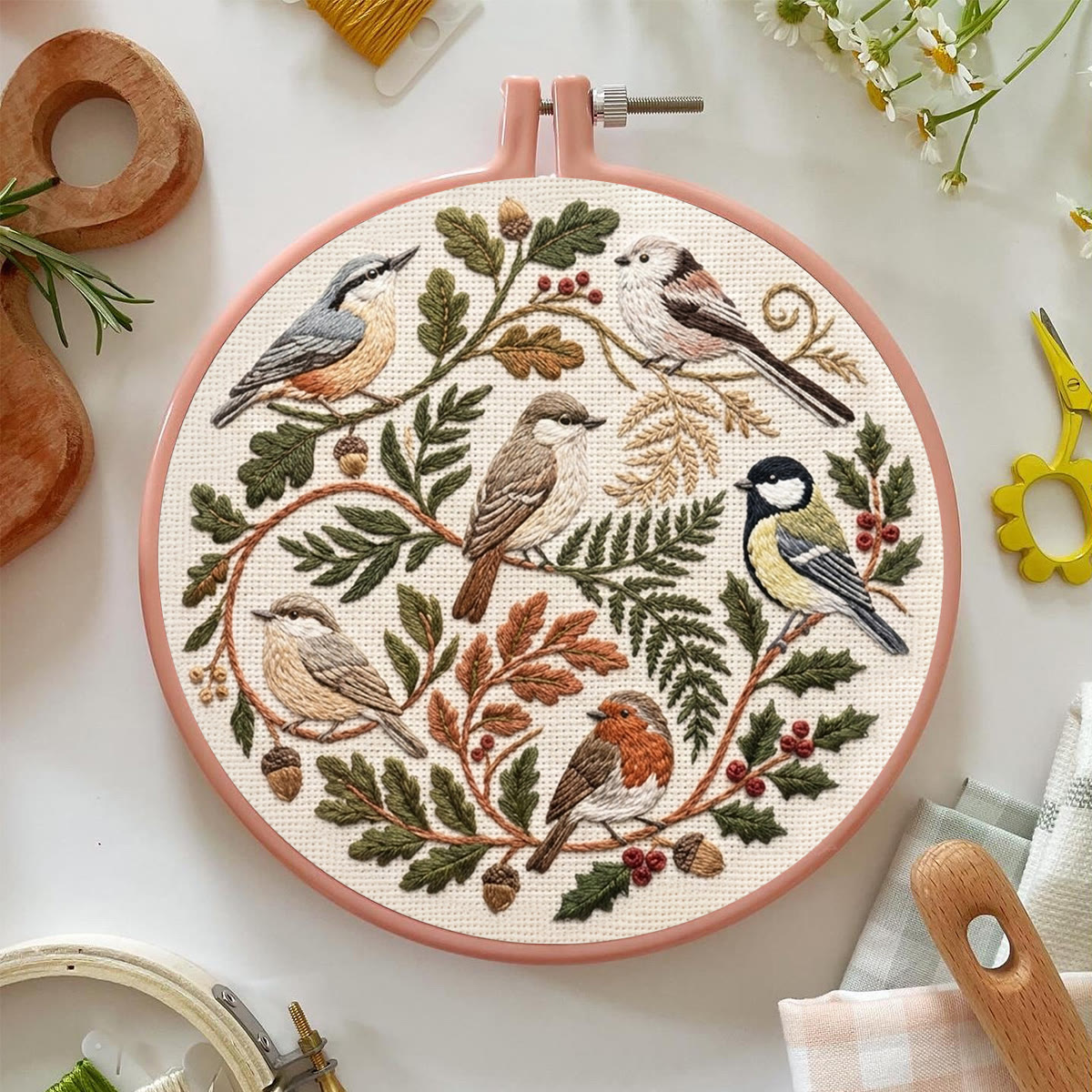 Rubbyoo Embroidery Kit - Forest Birds | Handmade Chic Home Accent  | Rustic Songbird Hoop Art - image 6