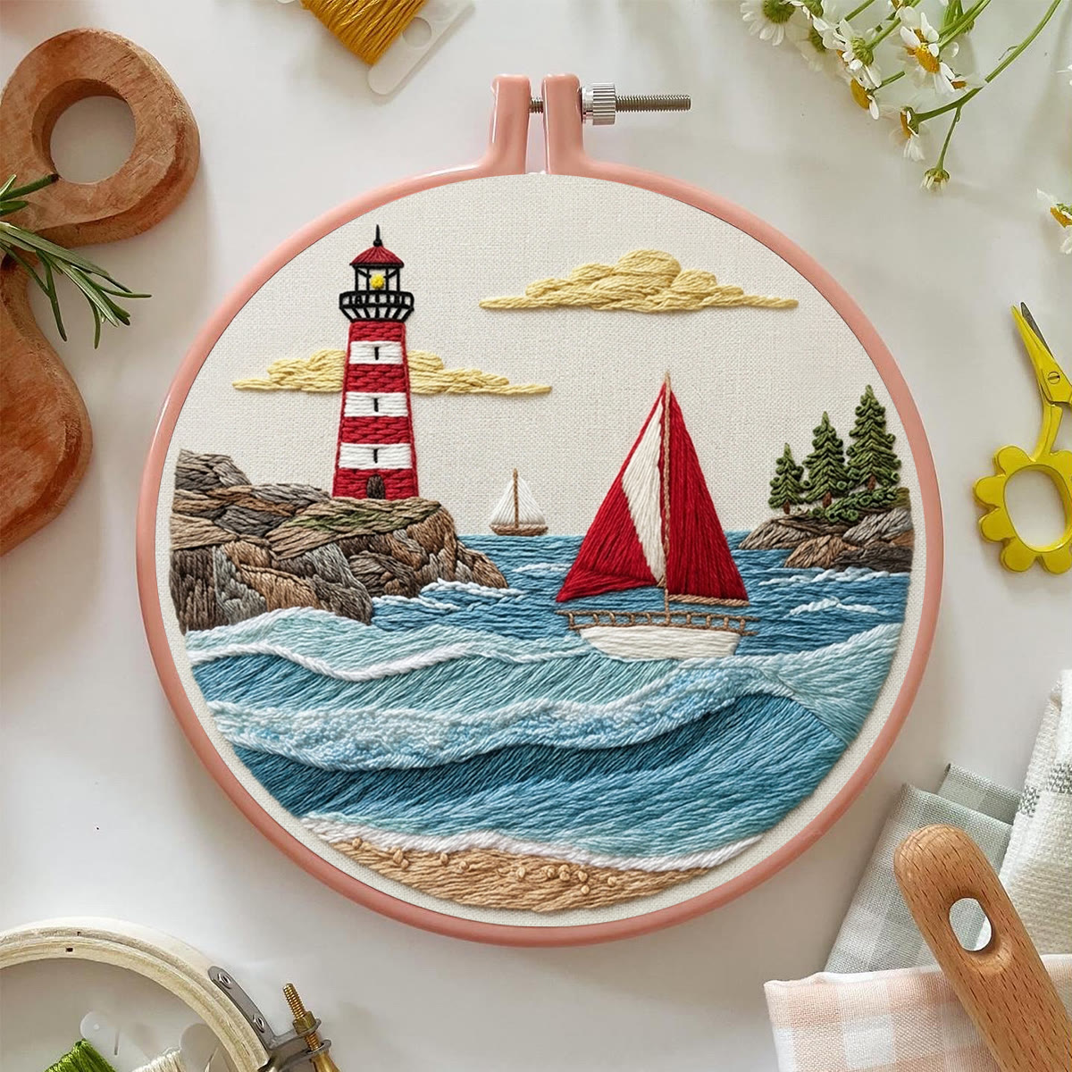 Rubbyoo Embroidery Kit - Ocean View | Nautical Theme Sewing Project | Hand-embroidered Housewarming Gift - image 4