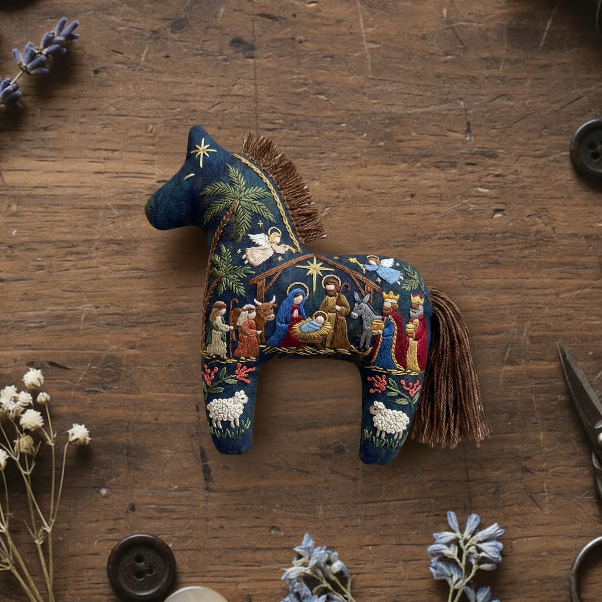 Rubbyoo Dala Horse Embroidery Kit - Christian Nativity Scene | Religious Holiday Accent | Christmas Nursery Decoration - 6 inches hoop kit - image 1