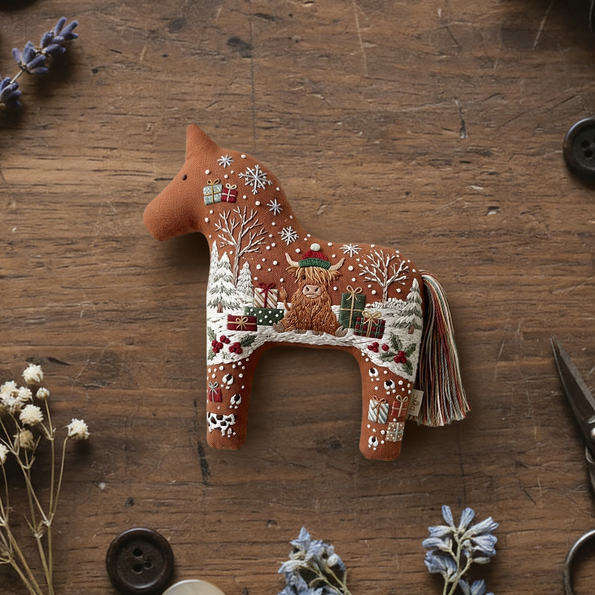 Rubbyoo Dala Horse Embroidery Kit - Cute Scottish Highland Calf | Cozy Christmas Decor Gift | Woodland Animal Craft - 6 inches hoop kit - image 1
