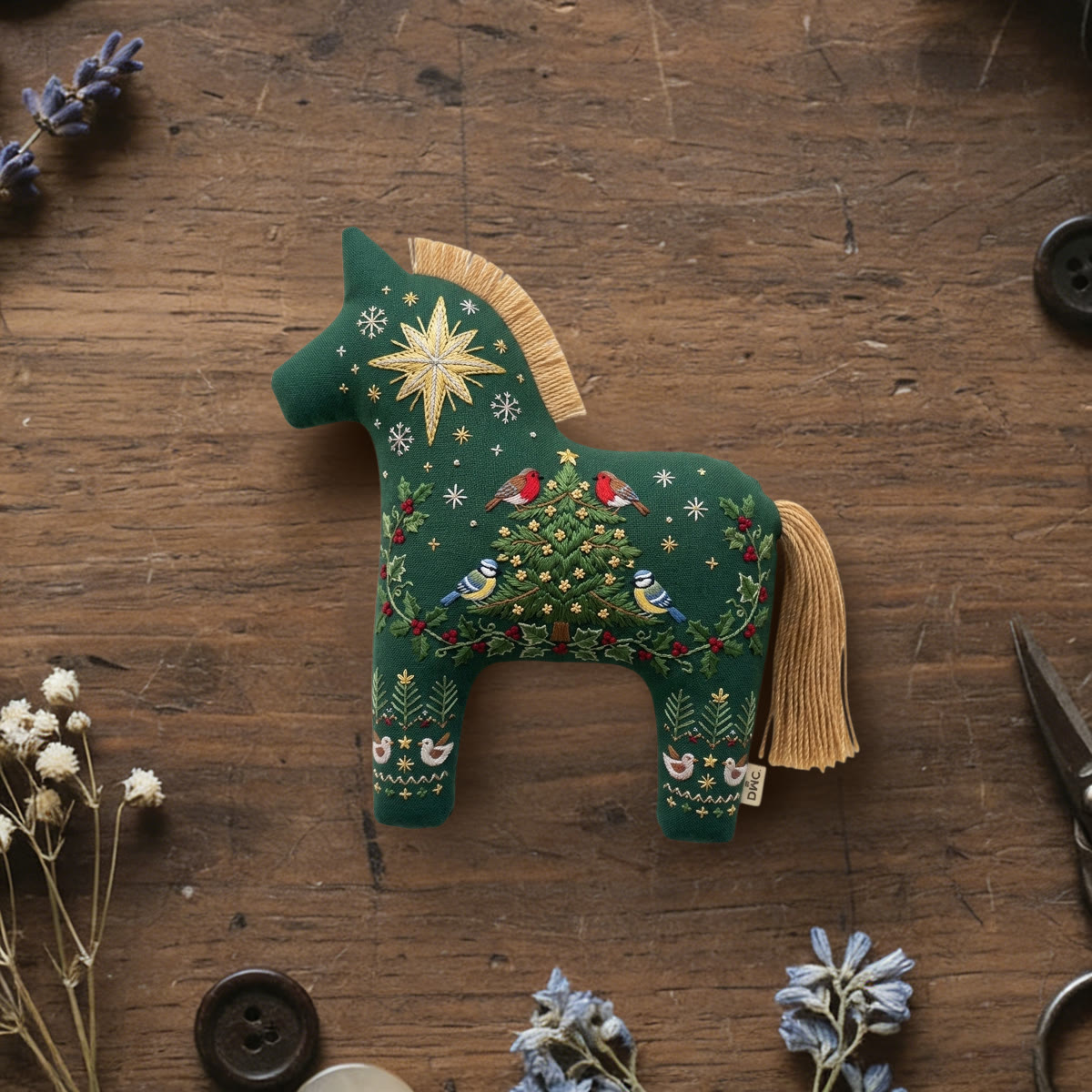 Rubbyoo Dala Horse Embroidery Kit - Christmas Tree Bird | Chickadee Winter Berry Branch Design | Beginner Diy Craft - 6 inches hoop kit - image 1