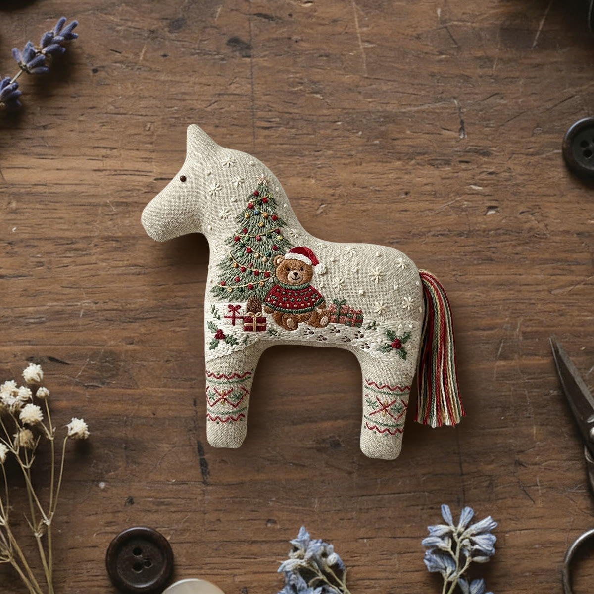 Rubbyoo Dala Horse Embroidery Kit - Winter Woodland Teddy Bear | Christmas Cozy Craft Gift | Ideal Newborn Keepsake - 6 inches hoop kit - image 1