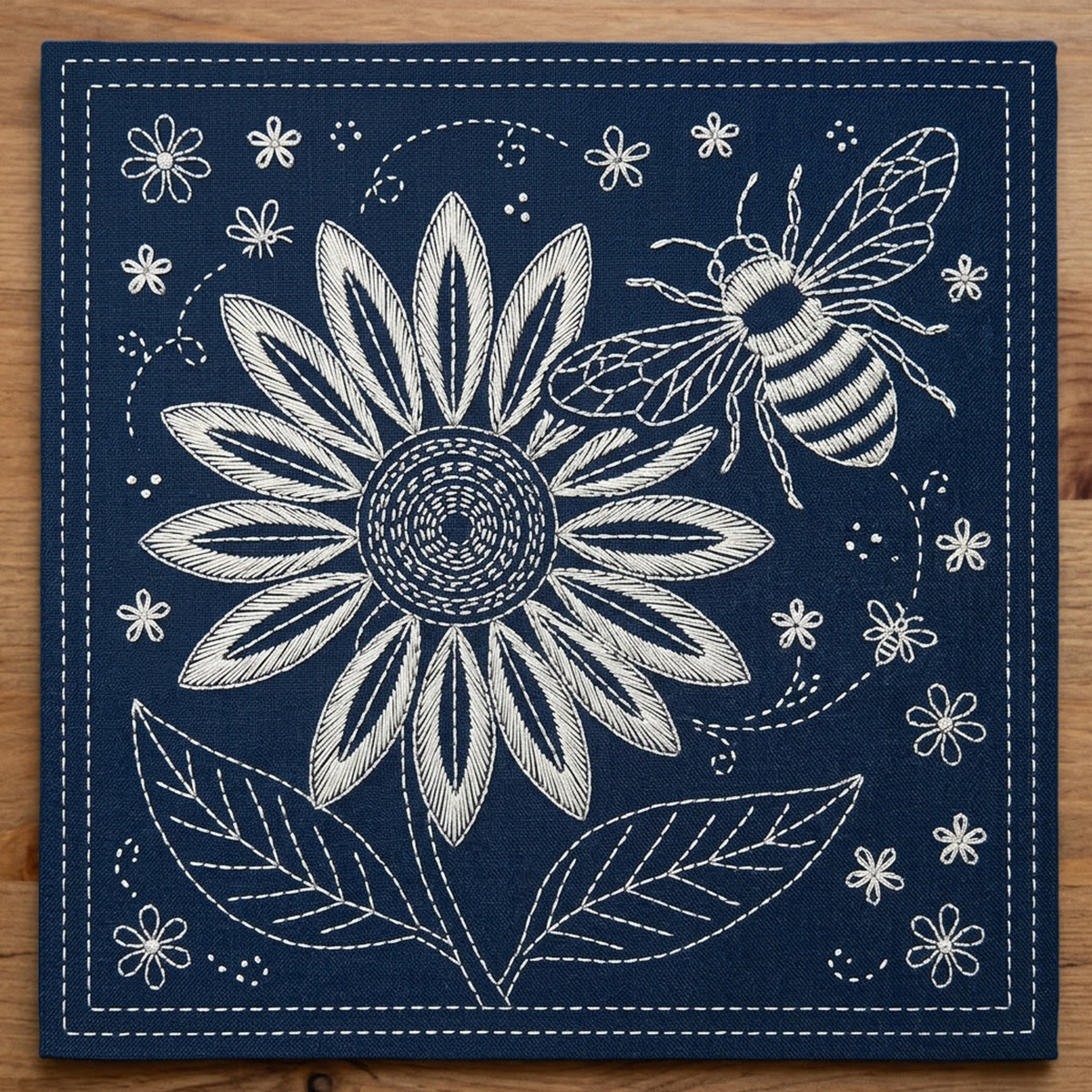 Rubbyoo Sashiko Embroidery Kit - Sunflowers And Busy Bees | Botanical Handcraft Gift | Beginner-friendly Design - 20*20cm - image 1