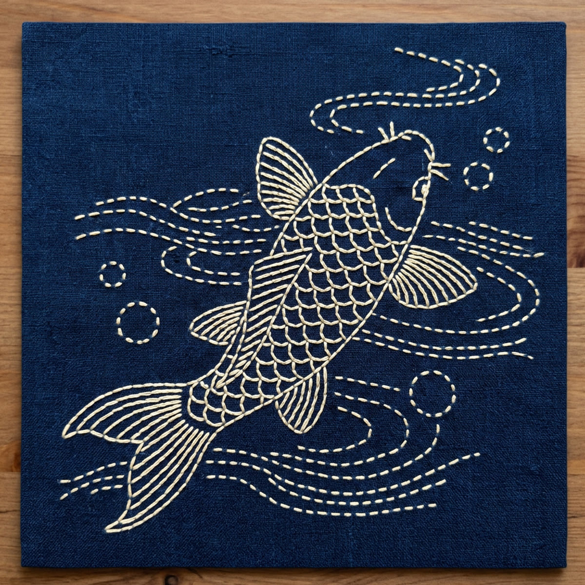 Rubbyoo Sashiko Embroidery Kit - Koi Fish In The Water | Relaxing Mindful Hobby For Beginners | Perfect Present For Minimalist - 20*20cm - image 1