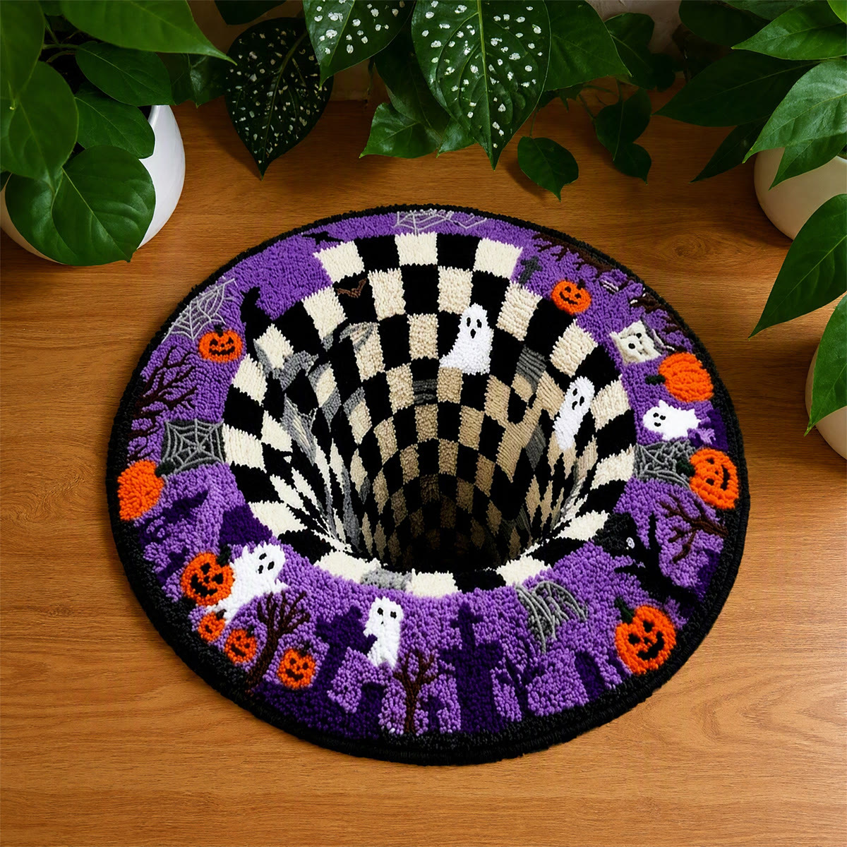 Rubbyoo Latch Hook Rug Kit - Halloween Black Hole | Decorative Optical Illusion Carpet | Spooky Stair Corner Rug   - 48×48cm - image 1