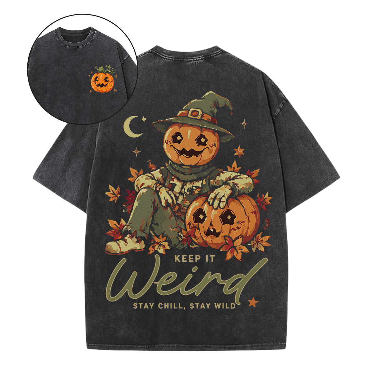 Rubbyoo Keep It Weird Double Sided Unisex Washed T-shirt  Pumpkin Motif Shirt - Black - 5XL - image 1
