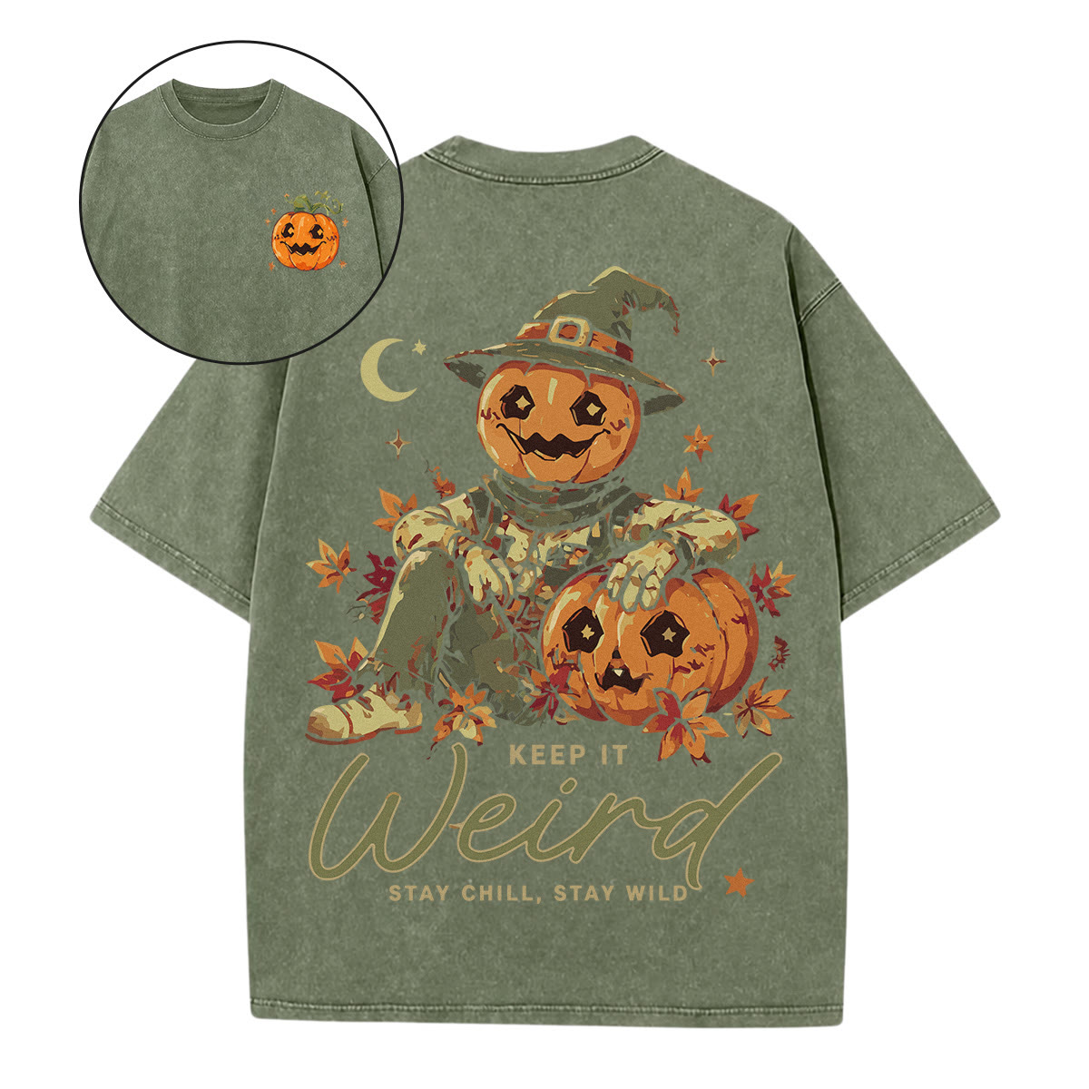 Rubbyoo Keep It Weird Double Sided Unisex Washed T-shirt  Pumpkin Motif Shirt - Army Green - 5XL - image 6