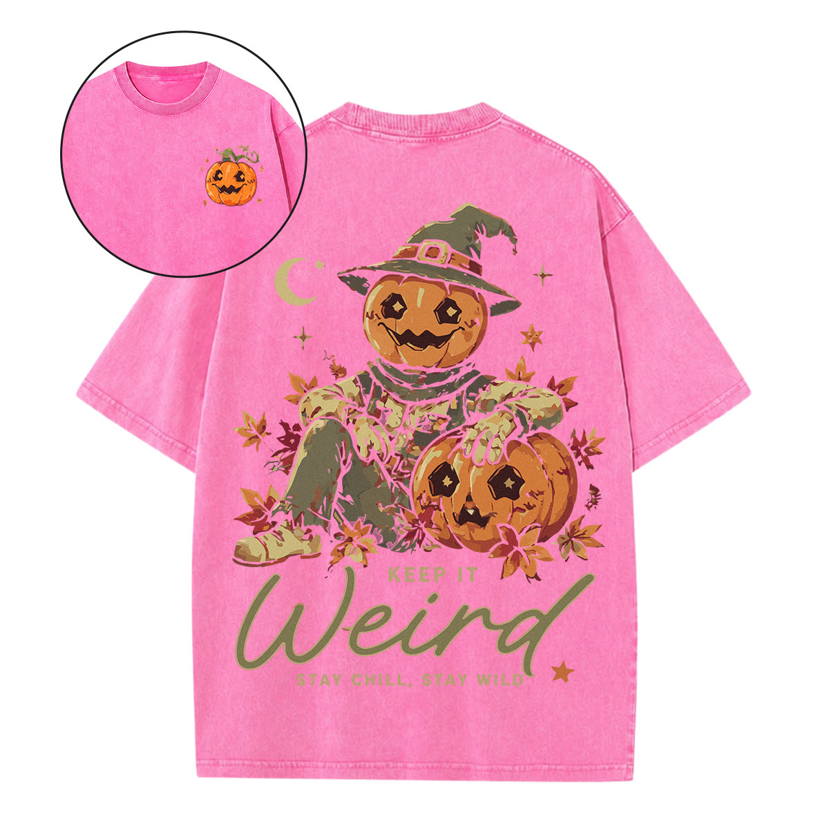Rubbyoo Keep It Weird Double Sided Unisex Washed T-shirt  Pumpkin Motif Shirt - Pink - 5XL - image 12