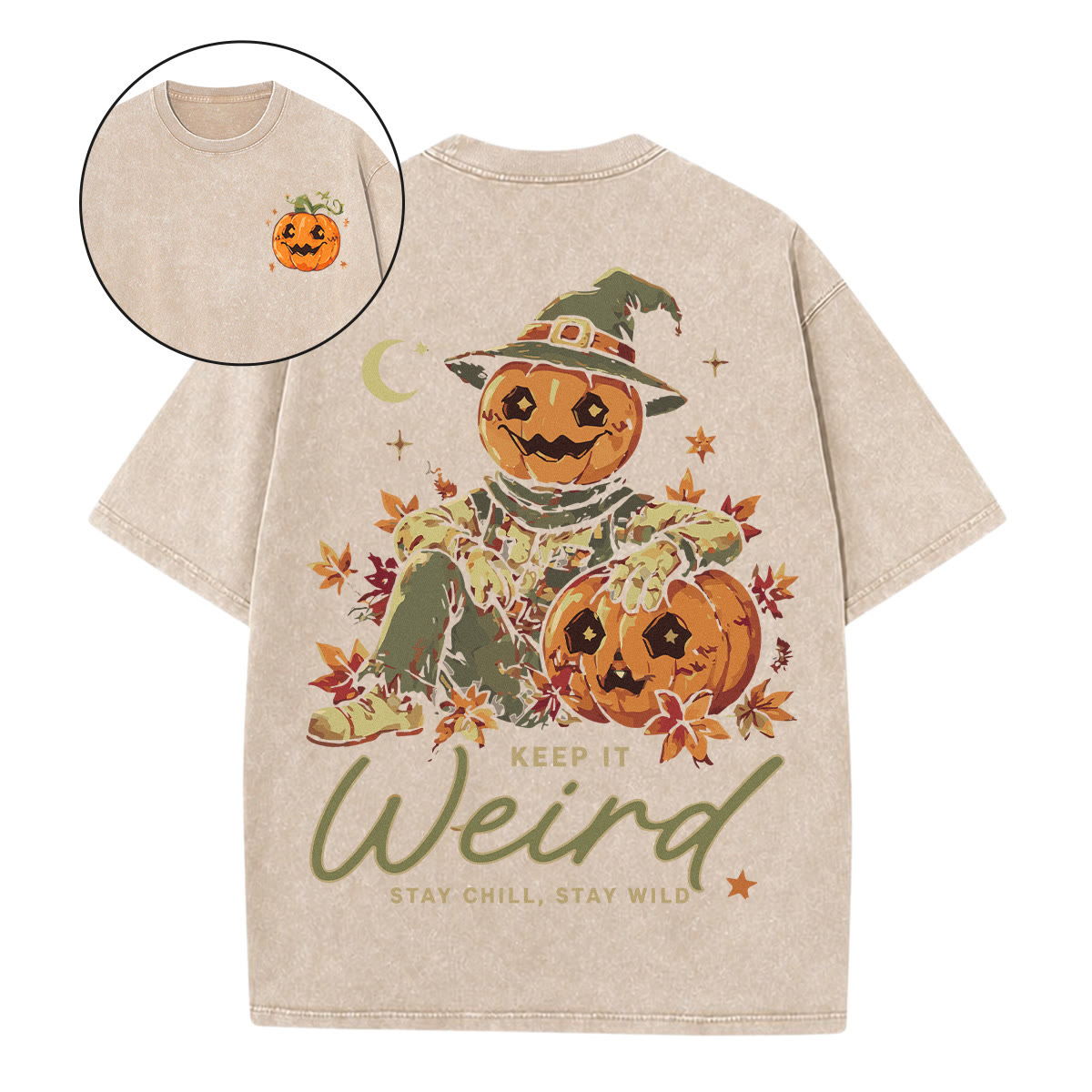 Rubbyoo Keep It Weird Double Sided Unisex Washed T-shirt  Pumpkin Motif Shirt - Apricot - 5XL - image 14