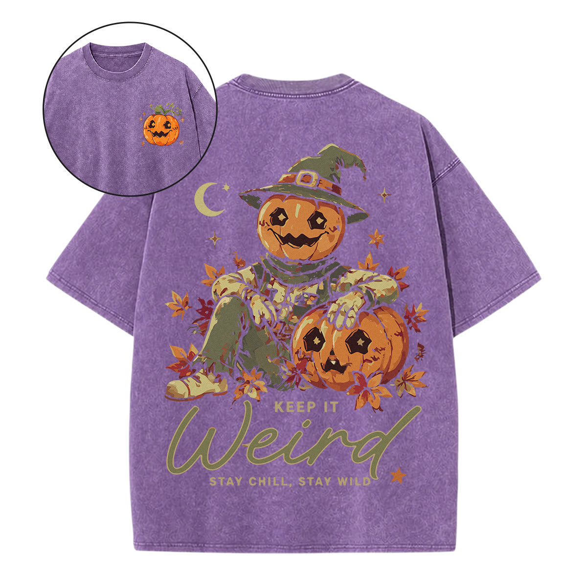 Rubbyoo Keep It Weird Double Sided Unisex Washed T-shirt  Pumpkin Motif Shirt - Purple - 5XL - image 10