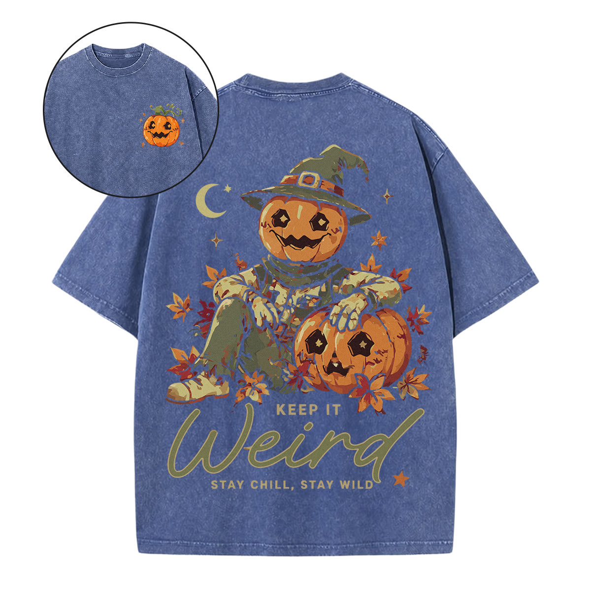 Rubbyoo Keep It Weird Double Sided Unisex Washed T-shirt  Pumpkin Motif Shirt - Blue - 5XL - image 8